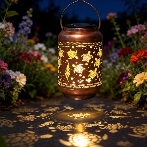 HONGLAND Sea Turtle Solar Lanterns Outdoor Waterproof Hanging Garden Decor, Gifts for Mom Grandma Women, Solar Lights Metal LED with Shepherd Hook for Patio Yard Porch Lawn - color: Sea Turtle