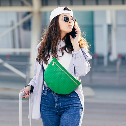 Woven Crossbody Bags for Women Leather Belt Bum Sling Purse Fanny Waist Pack Chest Shoulder Bag for Women-Green - color: Green