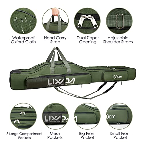 Lixada Fishing Rod Case, 3 Layers Oxford Fishing Rod Bag, Portable Foldable Fishing Pole Bag, Fishing Rod Carrier Fishing Tackle Storage Bag Travel Carry for Fishing Gear & Equipment - color: Army Green, size: 130cm