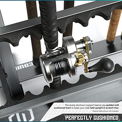Savior Equipment Fishing Rod Rack Holder Organizer, 24-48 Slots to Hold Fresh Salt Water Spinning Rods & Reel Combo, Lightweight Aluminum Vertical Fish Pole Garage Storage Ground Display Stand - color: Gunmetal Gray, size: 24-Slots