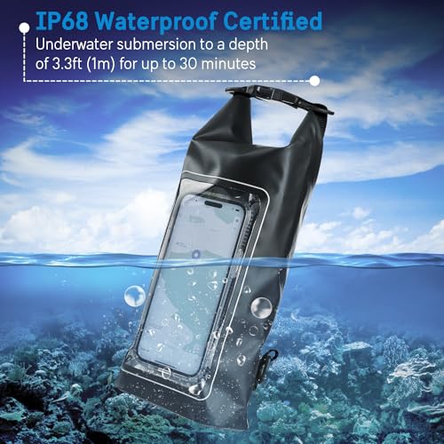 Pelican Marine IP68 Waterproof Dry Bag 2L with Phone Pouch/Case - Black | Roll Top Waterproof Backpack with Touchscreen Phone Pouch - Swimming, Kayaking, Camping, Rafting, Fishing & Travel Essentials - color: Stealth Black - 2L, size: 2L
