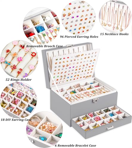 QBestry Earring Jewelry Box for Women Girls Stud Organizers, 5 Layers Grey Jewelry Organizer Box with Lock Necklaces and Earrings Holder Jewelry Box with Earring Organizer for Women Girls Xmas Gifts - color: Grey, size: Large