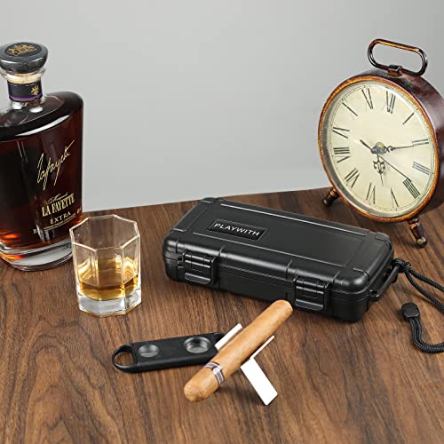 Travel Humidor Box With Cigar Accessories - Spanish Cedar, Humidifier, Cutter, Stand, Punch - Holds 4-5 Cigars - Waterproof, Crushproof, Airtight Seal - size: Store 4-5 cigars