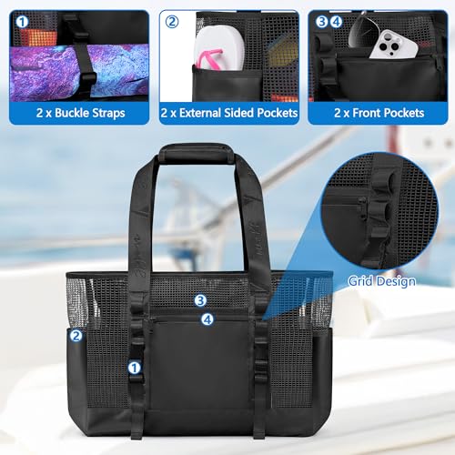 Yarwo Boat Gear Tote Bag, 35.5L Waterproof Boat Accessories Organizer with Marine-grade Coated Mesh and Wet Dry Pockets - color: Black