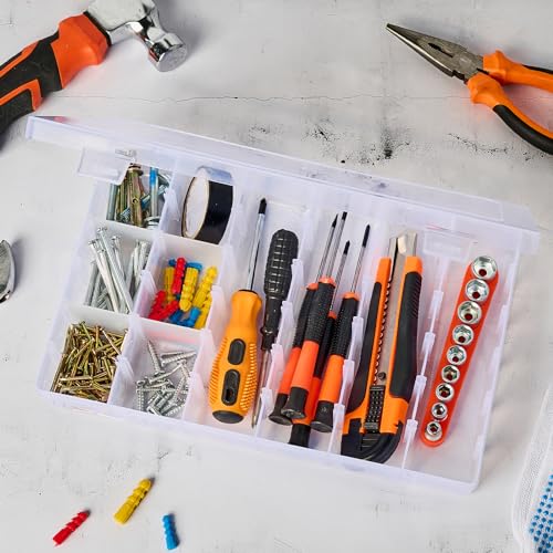 Mauproy 18 Grids Large Plastic Organizer Box with Adjustable Dividers, Clear Compartment Storage Container Tackle Box with Label Stickers for Beads, Crafts, Jewelries, Tools - style: Large 18 Grids