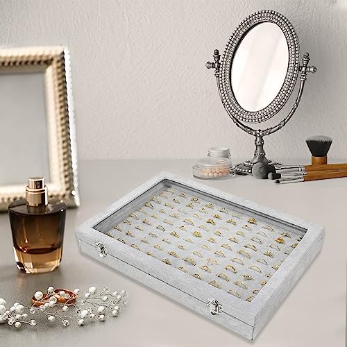 Ring Display Case Organizer Box with Transparent Lid, 100 Slot Ring Organizer Holder Showcase For Store Display Jewelry Show Home (Grey) - color: Grey, size: Ring tray