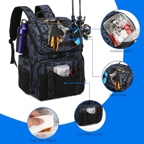 RUCYEN Fishing Backpack, 45L Large Cooler Fishing Tackle bag with Rod Holders & Rain Cover, Water-resistant Store Fishing Gear - color: Black Camo