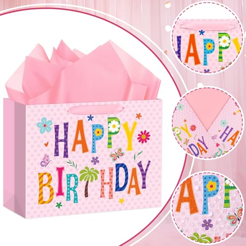 Hooqict Large Pink Gift Bag Happy Birthday Gift Wrap Bag with Handles, Tissue Paper, Greeting Cards for Kids Girls Women Pink Birthday Party Mom Mothers Day Bags - color: Pink Happy Birthday