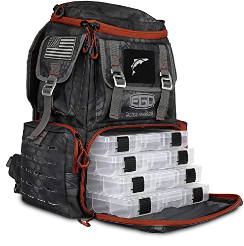 Ego Kryptek Tactical Tackle Box Backpack, Durable Fishing Tool Bag, 1000D Nylon Fabric with PVC Back, Water-Resistant, Multiple Storage Pockets, Laser-Cut Molle Loops, Includes 4 Tackle Trays - color: Typhon, size: Backpack - Regular