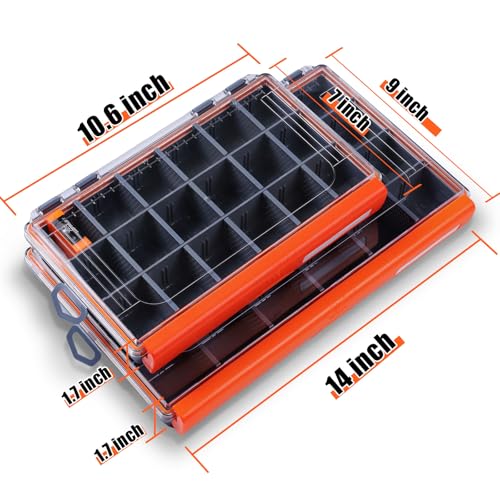 Tackle Box with Adjustable Dividers, Waterproof Fishing Lure Tackle Organizer Box for Hooks Baits, Rustproof Clear Lid Plastic Bait Box for Saltwater Freshwater Fishing Accessories (Orange, L) - color: Orange, size: L