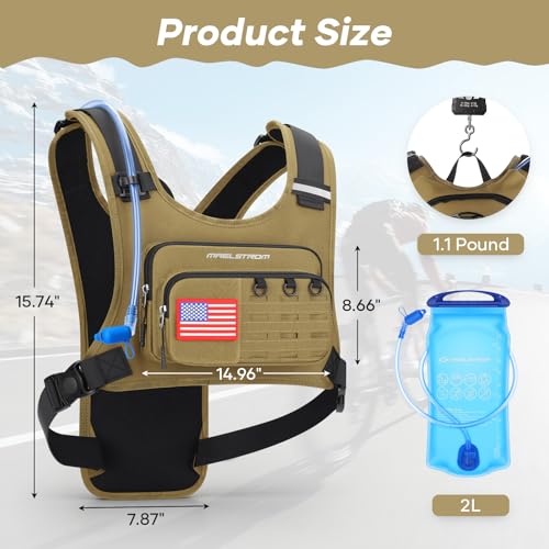 Maelstrom Hydration Running Vest with 2L Water Bladder for Men Women | Chest Pack, BPA-free, High Flow Bite, Reflective Stripe, Detachable, Breathable Pad, Perfect for Cycling, Marathon, Hiking - color: Khaki