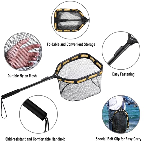 PLUSINNO Floating Fishing Net for Steelhead, Salmon, Fly, Kayak, Catfish, Bass, Trout Fishing, Rubber Coated Foldable Landing Net with Fixed or Telescoping Pole Handle, Fishing Gear and Gifts for Men - color: 11.8/30cm Hoop Size Orange (Fixed Pole)