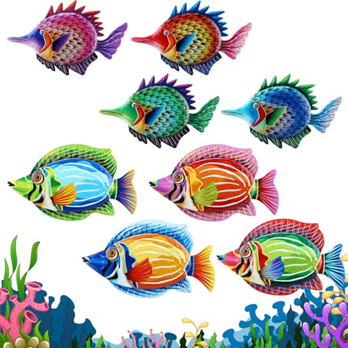 Tandefio 8 Pcs Metal Wall Decor Wall Art Hanging Decorations Outdoor Indoor Sculptures for Garden Fence Pool Home Porch(Colored Fish) - style: Colored Fish