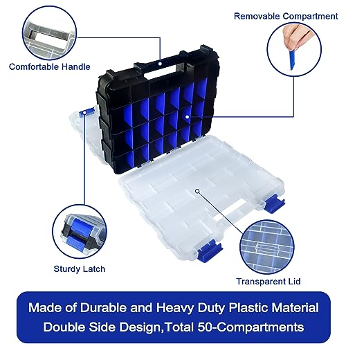 Tools Organizer Box Small Parts Storage Box 50-Compartment Double Side Hardware Organizers with Removable Plastic Dividers for Screws, Nuts, Nails, Bolts, Blue - color: Blue