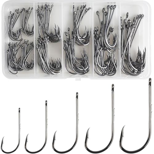 150pcs Fishing J Hooks Baitholder Fishing Hooks Long Shank Bait Holder Hook with 2 Shank Offset High Carbon Steel Bait Keep for Saltwater Freshwater