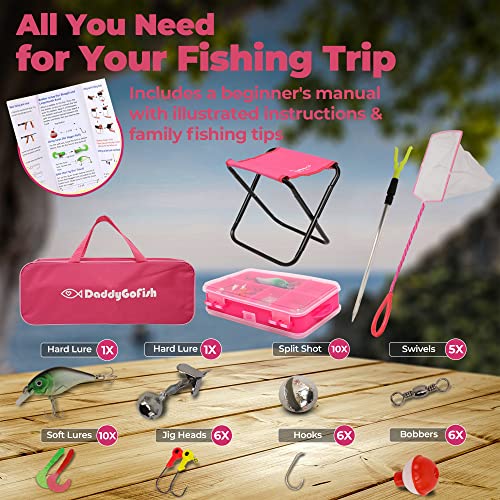 DaddyGoFish Kids Fishing Pole - Rod Reel Combo Tackle Box Starter Set - First Year Small Dock Gear Kit for Boys Girls Toddler Youth Age Beginner Little Children Junior Anglers - color: 2 Pack- Pink + Pink (Complete Set), size: 4ft