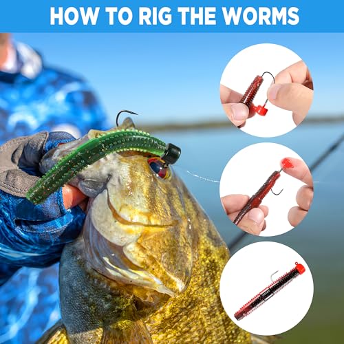 PLUSINNO Wacky Worm Fishing Lure Kit, Soft Plastic Fishing Lures, Grub Baits Hook Wacky Rig Bass Trout Fishing Worms Lures w/Tackle Box - color: 65PCS Stick Worms Ned Rig Kit