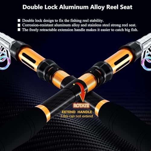 Portable Fishing Spinning Rod and Reel Combo Set Carbon Fiber Fluorescent Rod Tip, with Fishing Lures Line Carrier Bag Kits for Travel Surf Saltwater Freshwater - color: Black, size: 3.6M/141.7in/11.81ft