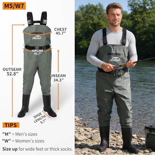 Fishing Waders for Men & Women, Waterproof 2-Ply Nylon/PVC Chest Wader with Boots for Outdoor Sizes 4-13 Bootfoot - color: Grey, size: US-M5/W7
