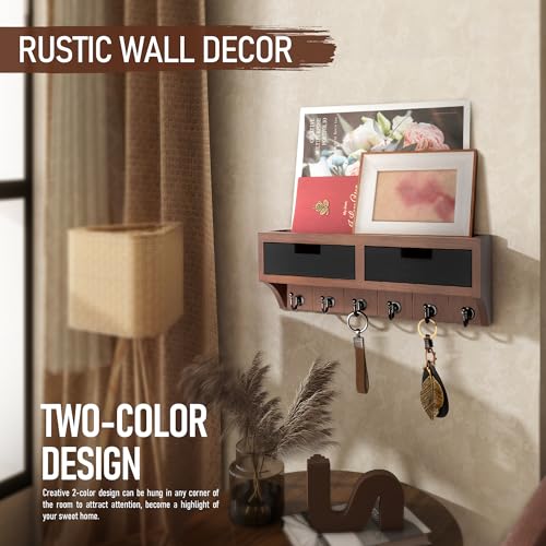 Rebee Vision Modern Farmhouse Key Holder Wall Mount with 2 Drawer Organizer : Mail Organizer with 6 Key Hooks and Wall Shelf - Home Organization for Room Decor (Brown & Black) - color: Brown & Black, style: 2-Drawer