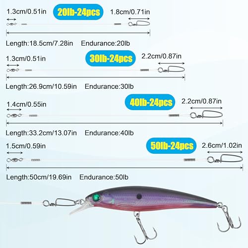 Fluorocarbon Fishing Leader, 12/24pcs Fluorocarbon Leader Line with Swivels Snap Invisible Fishing Wire Leader Connect Tackle Lures Bait Hooks for Saltwater Freshwater - size: 40lb, style: 24pcs