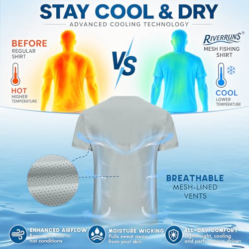 Riverruns Men's UPF 50+ Fishing Shirt, Quick Dry Cooling Short Sleeve Performance Tee with Breathable Mesh Back - color: Gray, size: Large