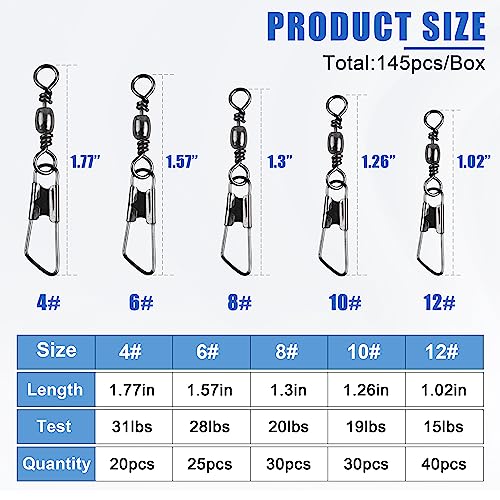 SILANON Fishing Barrel Swivel with Safety Snap,145/160pcs High Strength Fishing Snap Swivels Stainless Steel Line Connector Saltwater Fishing Tackle Accessories - style: 145pcs Kit (4,6,8,10,12#)