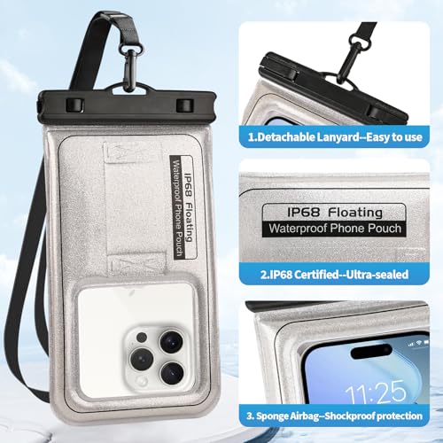 Floating Waterproof Phone Pouch, IPX68 Waterproof Phone Case with Lanyard for iPhone 17 16 15 Pro Max Samsung S26 S25 S24, Up to 7", Beach Vacation Essentials, Glitter Silver - color: Glitter Silver