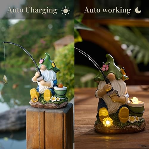 TERESA'S COLLECTIONS Resin Outdoor Statue with Solar Outdoor Lights for Garden Decor,Christmas Garden Gnome Fishing for Outside Yard Porch Patio Lawn,Ideal Gift for Women and Man 8.9" - size: Large