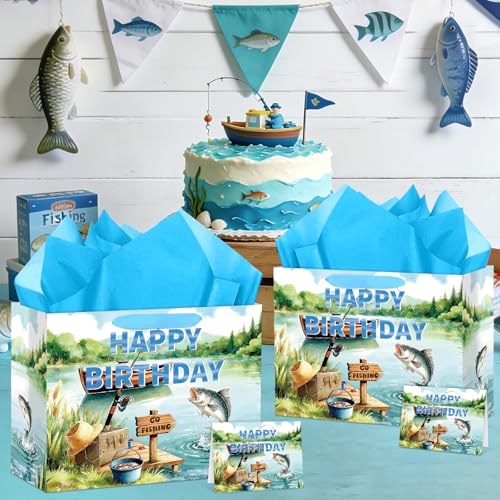 Hooqict Large Fishing Birthday Gift Bag Go Fishing Gift Wrap Bag with Handles, Tissue Paper, Greeting Cards for Boys Men Fisherman Fish Retirement Birthday Party Decorations Fathers Day Bags - color: Fishing