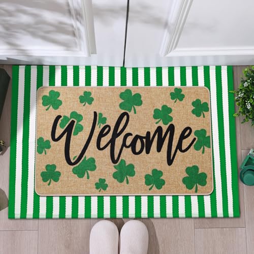 Tinideya 2 Pcs St. Patrick's Day Doormats Welcome Outdoor Irish Shamrock Lucky Clover Door Mats Layered Front Door Rugs Non Slip Floor Mats for Porch Entryway Outdoor - size: 16 x 28 Inch,24 x 35 Inch, style: Shamrock