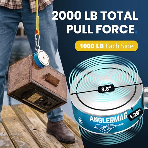 AnglerMag Magnet Fishing Kit - 2000 lbs Double Sided Neodymium Magnetic Fishing Stuff with Rope - 10 PCS Extra Strong Complete Gift Set with eBook, Carabiner, Gloves, Grappling Hook & Carrying Bag - size: 2000 LB