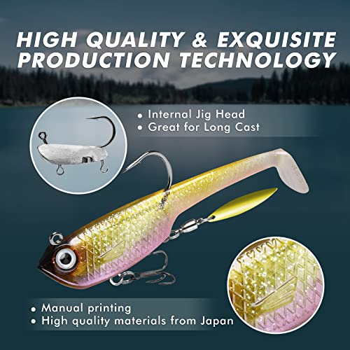 GOTOUR Pre-Rigged Soft Fishing Lures with Weedless Hook, Lifelike Paddle Tail Swimbaits for Bass Fishing, Freshwater & Saltwater Fishing Bait, Fishing Tackle for Bass, Pike, Trout, and Walleye - color: D2-3.3"-0.7oz