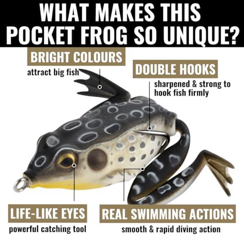 LUNKERHUNT Frog Lure for Bass Fishing | Pocket Frog Fishing Lure 1.75 Inch | Topwater Fishing Lures, Soft Hollow Body, Weedless Hooks for Trout, Pike in Saltwater and Fresh Water - style: Croaker