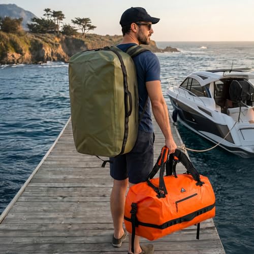 Haimont IPX7 Waterproof Roll-Top Dry Duffel Backpack | 60L/90L Sizes, 500D Tarpaulin, Welded Seams, Mesh Pockets, Boating & Kayaking - color: Orange, size: 90L