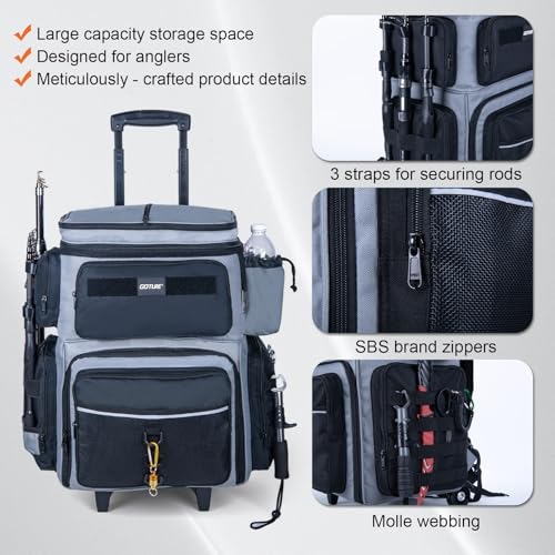Goture 66L Rolling Tackle Box with Cooler, Gray Large Fishing Bag with Wheels for 5 3700 Trays(Trays Not Included), Saltwater Resistant Tackle Backpack with Rod Holders - color: Gray, size: No Trays