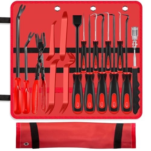 XBVV 17 Pcs Pick and Hook Set with Trim Removal Tool, Clip Pliers, Fastener Remover,Scraper,and Magnetic Telescoping Tool Kit for Repair Automotive,Upholstery and Electronics Maintenance Pick Tools