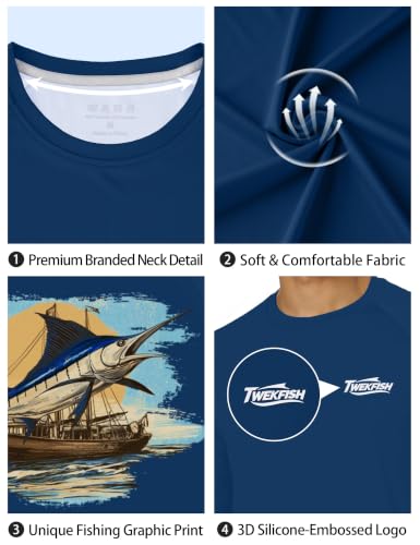 Men's UPF 50+ Sun Fishing Shirt, Long Sleeve UV Protection Tee, Quick Dry Rash Guard for Outdoor Swim Hiking - color: Cobalt Blue (Retro Marlin), size: Small