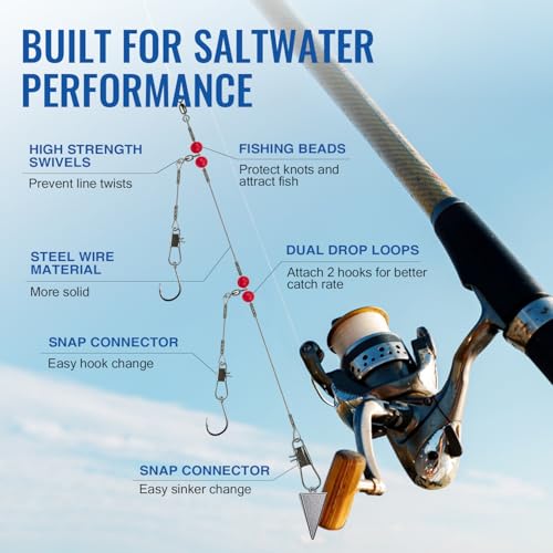 Narcissus Double Drop Saltwater Fishing Rig – Mono 2 Hook Bottom Rigs with Swivels & Snaps, Pre-Tied Surf Pier Boat Leader Line for Snapper, Bass, Mackerel, Catfish - color: Double Drop Rig-24Pack- White