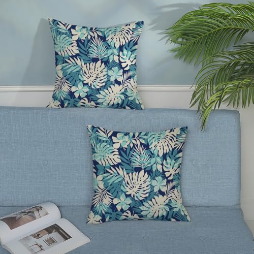 Navy Blue Summer Outdoor Pillow Covers 16x16 Inch 2 Pcs Aqua Teal Palm Leaves Tropical Leaf Decor Throw Pillows Botanical Coastal Decoration Pillowcase Linen Cushion Cover for Couch Sofa - color: Navy Blue Teal Palm, size: 16" x 16" (Pack of 2)