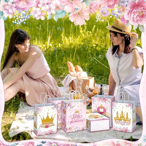 Kosiz 24 Pcs Princess Party Favors Bags Paper Little Princess Gift Goodie Bags with Handles Pink Floral Castle Crown Carriage Candy Treat Pouch for Girls Birthday Baby Shower Party Decoration Supplies - style: Princess