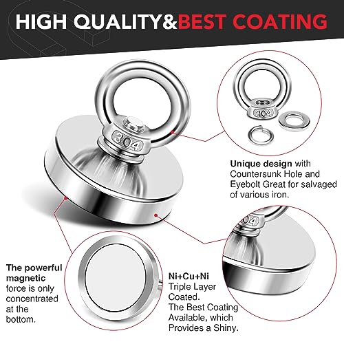 DIYMAG Strong Neodymium Fishing Magnets 150 Lbs(68 KG) Pulling Force Rare Earth Magnet with Countersunk Hole Eyebolt Diameter 1.42 inch(36 mm) for Retrieving in River and Magnetic - size: 36mm