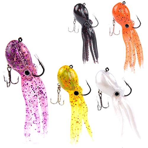 Artificial Octopus Swimbait, Skirt Tail Lure | 3.54/7.87/9.45in, jig head sinking trolling bait. Lingcod, bass, rockfish, saltwater. - color: 5 Colors-3.54inch/0.81oz-5pcs