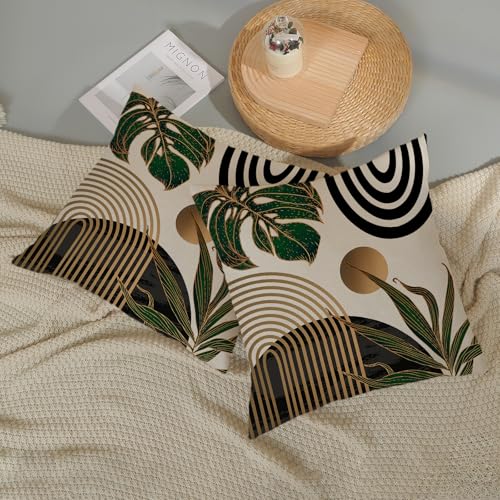 Black Boho Pillow Covers 16x16 Inch 2 Pcs Green Gold Tropical Leaf Mid Century Summer Outdoor Decor Throw Pillows Modern Geometry Farmhouse Decoration Pillowcase Linen Cushion Cover for Couch - color: Black Green Gold Boho, size: 16" x 16" (Pack of 2)