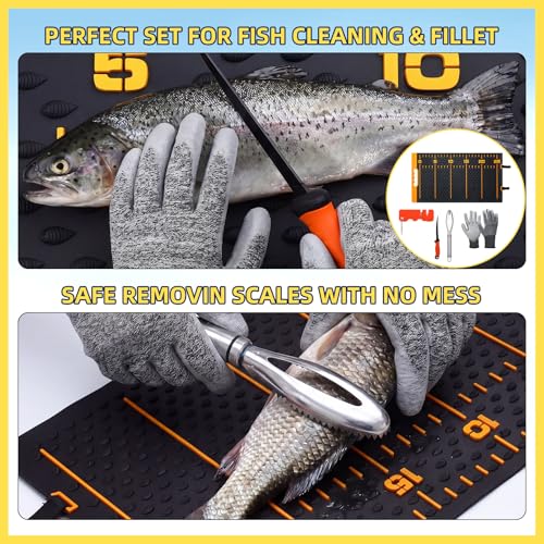 7 Pcs Fish Fillet Knife Set Fishing Cleaning Kit with 7" Stainless Steel Fillet Knife Non-slip Silicone Fish Mat Digital Scale Sharpener Scaler Cut Resistant Gloves Carrying Bag(Orange)