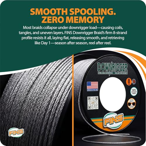 FINS Downrigger Braided Fishing Line, Replaces Steel Cable, Made in USA - size: 100 Yards