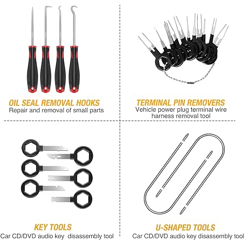 GOOACC 40Pcs Trim Removal Tool,Auto Terminal Removal Key Tool,Auto Clip Pliers Stereo Removal Tools,Car Upholstery Repair Removal Kit,Precision Hook and Pick Set,Wiring Threader,Car Film Scrape-Black - color: Black