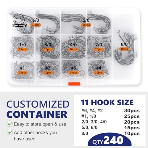 UCEC Circle Hooks Fishing Hooks 2X Strong Offset Circle Hooks Saltwater Black High Carbon Steel Octopus Catfish Hooks Fishing Gear Tackle 150pcs/ 240pcs - Size:#1 1/0 2/0 3/0 4/0 5/0 6/0 8/0 - color: Silver Assortment, size: 240pcs, #6 #4 #2 #1 1/0 2/0 3/