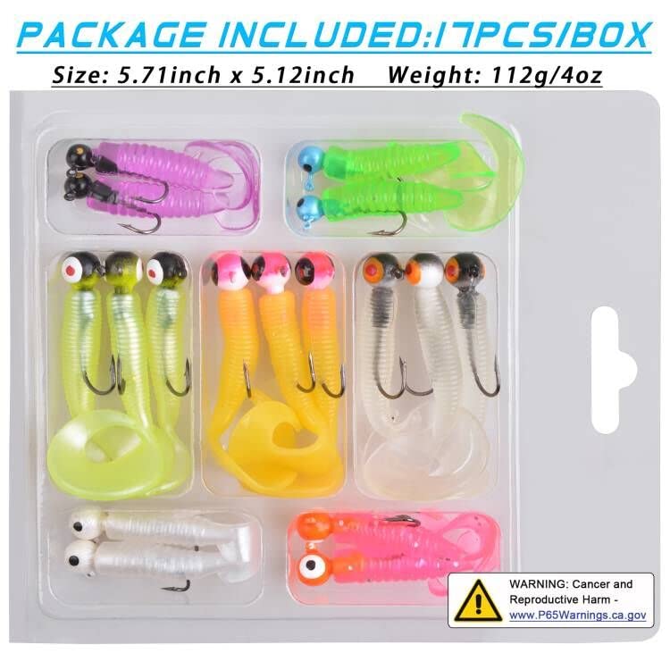 Soft Plastic Fishing Lure Jig Head Hook Kit,Grub Worm Lures Crappie Jigs Head Grub Tail Swimbait Tube Bait Jigs for Saltwater Freshwater, Trout Crappie Fishing - color: 17PCS Sets