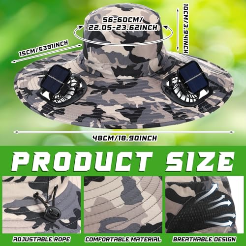 Berlune Sun Hat with 2 Solar Fan Wide Brim Fishing Bucket Hat USB & Solar for Men Women UPF 50+ Cooling for Fishing Beach - color: Gray, size: 5.9 Inch Brim